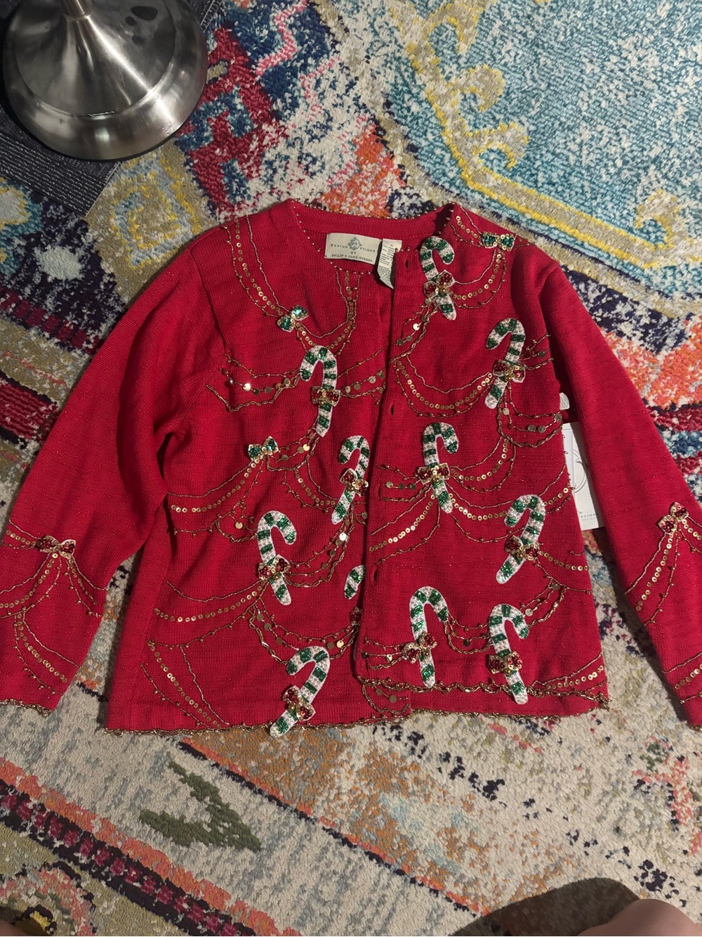 NWT Design Options Embellished Candy Cane Holiday Cardigan - Red & Green